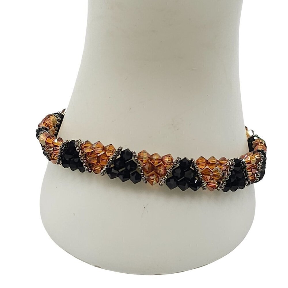 Handcrafted Black Amber Glass Bead Bracelet With Silver Accents Toggle Clasp
